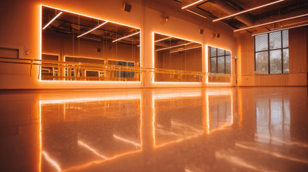 Spacious dance studio featuring glowing mirrors and beautiful lighting, ideal for performers and artists seeking creativity and inspiration in a tranquil environment.の素材