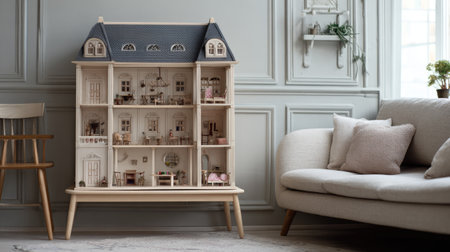 A beautifully crafted wooden dollhouse occupies a stylish living room. The cozy space features a comfortable sofa and elegant decor, ideal for a serene home atmosphere.の素材