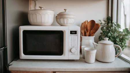 A charming kitchen countertop scene featuring a white microwave alongside elegant cookware and wooden utensils. This arrangement brings a cozy and modern touch to kitchen decor with soft natural light highlighting the space.の素材