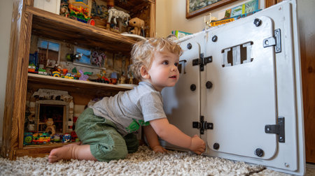 A curious toddler is engaged in exploring a cabinet filled with toys in a cozy playroom. The scene captures the essence of childhood discovery and joy.の素材