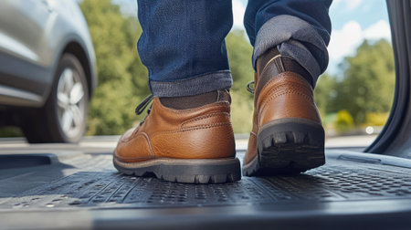 A close-up view of a person stepping out of a vehicle, showcasing stylish brown leather shoes paired with blue jeans against a bright outdoor setting.の素材