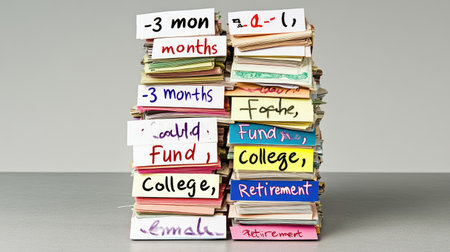 A vibrant collection of labeled stacks symbolizing essential aspects of financial planning, covering college funding, retirement strategies, and month-based timelines.の素材