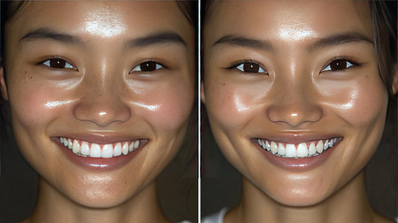 This close-up portrait features a young woman with a bright smile and radiant skin, embodying joy and natural beauty in a captivating and vibrant manner.の素材