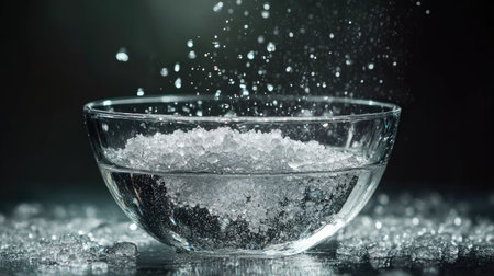 This stunning image showcases the dynamic interaction of water and granulated substance in a clear bowl, capturing the beauty of bubbles and reflections.の素材