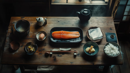 A rustic Japanese table setting showcasing a fresh salmon fillet with rice, egg, and traditional bowls, creating a warm and inviting atmosphere.の素材