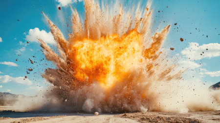 A large explosion creates a spectacular fireball in a clear desert landscape, highlighting the intense power and dramatic effects of the blast.の素材