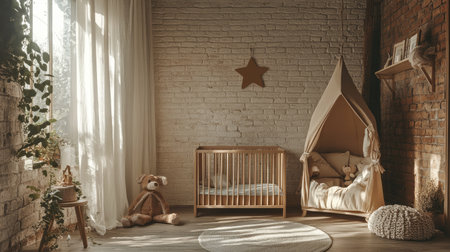 This charming nursery features a minimalist design with natural light flooding in, offering a cozy atmosphere for babies. The warm hues enhance comfort.の素材