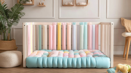 A beautifully designed baby crib featuring soft pastel colors and an inviting cushion, ideal for a cozy playroom or nursery setup, blending style and safety.の素材