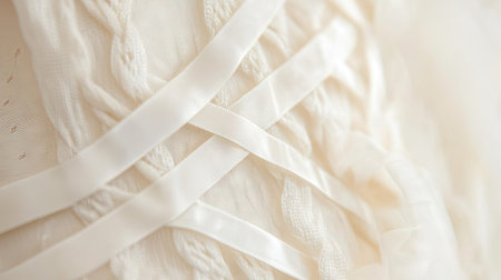 A close-up of soft textured fabric featuring delicate ribbons in shades of cream and ivory. Ideal for fashion design and decorative projects.の素材