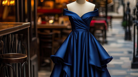 This stunning blue evening dress is showcased on a mannequin in a picturesque outdoor setting, perfect for weddings or upscale gatherings. The elegance and charm of the garment, along with the inviting restaurant ambiance, create a captivating scene for fashion displays and inspiration.の素材