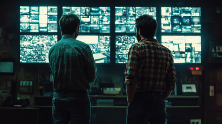 Two men stand side by side in a dimly lit room, intently observing multiple digital screens displaying surveillance footage and data analysis.の素材