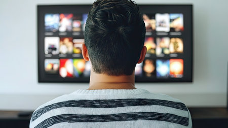 A cozy scene of a male individual seated on a couch, engaged in watching movies on a large television screen, surrounded by modern living room dの素材