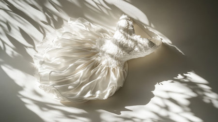 This image features an elegant white dress adorned with intricate lace details, beautifully showcased in soft natural light and captivating shadows.の素材