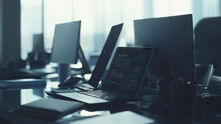 A sleek and modern office workspace featuring a laptop and desktop computers. Natural light flows through large windows, creating an inspiring environment.の素材