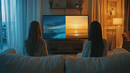 Two women enjoy a cozy evening at home, sitting on a comfortable couch while watching stunning sunset and scenic views on television, creating a warm atmosphere.の素材