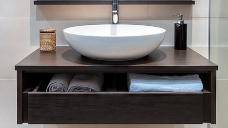 This modern bathroom sink features a sleek bowl design atop a stylish wooden countertop. With neatly arranged towels below, it embodies elegance and functionality in contemporary interiors.の素材