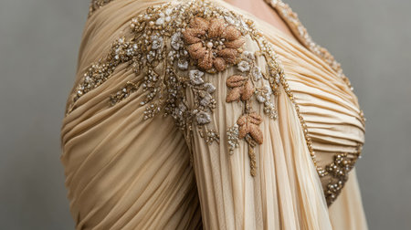 A stunning bridal gown showcasing complex embroidery and beading, ideal for capturing the essence of elegance, beauty, and intricate fashion design.の素材