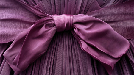 Close-up view of an elegant purple fabric bow tied on a pleated dress, showcasing intricate textures and folds for a luxurious fashion statement.の素材