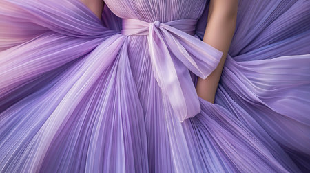 A stunning close-up of an elegant lavender dress featuring delicate pleats and a soft satin bow, perfect for fashion shoots, events, and artistic representations.の素材