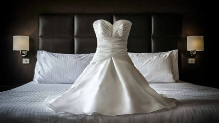 This image features an elegant white wedding dress displayed on a hotel bed, showcasing delicate fabric textures and soft lighting, perfect for bridal event imagery.の素材