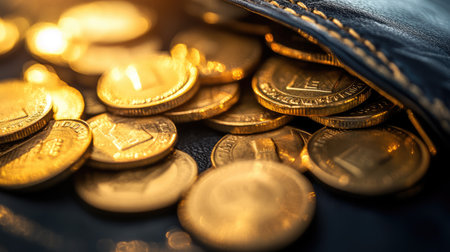 A stunning close-up of shiny gold coins spilling out from a vintage leather wallet, symbolizing wealth and abundance against a softly blurred background.の素材