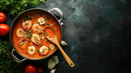 A mouthwatering dish of shrimp cooked in a spicy tomato sauce, garnished with fresh herbs, showcased on a dark rustic background for culinary appeal.の素材
