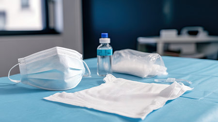 A collection of essential medical supplies displayed on a blue table, featuring a face mask, water bottle, gauze, and syringe, perfect for healthcare settings.の素材