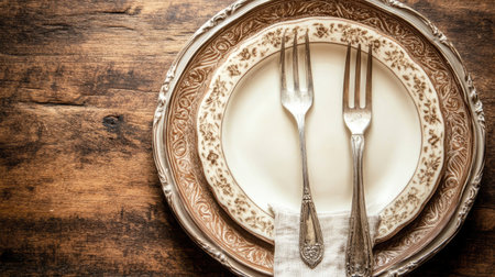 Discover an elegant vintage table setting featuring ornate plates and silver forks arranged on a rustic wooden surface. Perfect for dining occasions.の素材