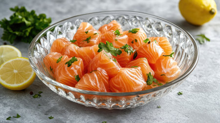 A visually appealing arrangement of fresh salmon cubes garnished with herbs and lemon slices, ideal for healthy meal inspirations and culinary presentations.の素材