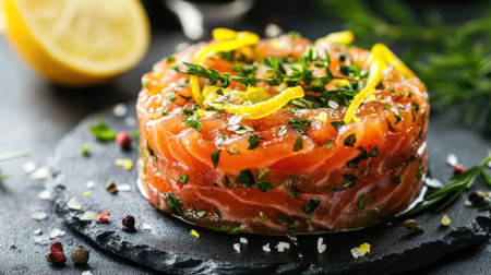 A beautifully presented salmon tartare adorned with lemon zest and fresh herbs on a sleek black slate plate, conveying freshness and gourmet appeal.の素材