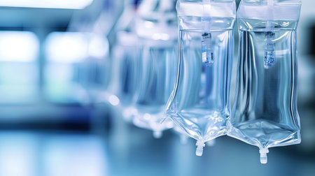 A close-up view of transparent intravenous bags hanging in a hospital setting, depicting a sterile and modern healthcare environment with a calming blue backdrop.の素材
