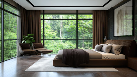 This elegant bedroom features a modern design with large windows showcasing a serene forest view. Soft furnishings and natural light create a tranquil atmosphere.の素材