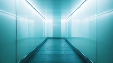 A modern futuristic hallway featuring sleek glass walls and soft blue lighting, creating a tranquil and minimalistic atmosphere ideal for various creative projects.の素材