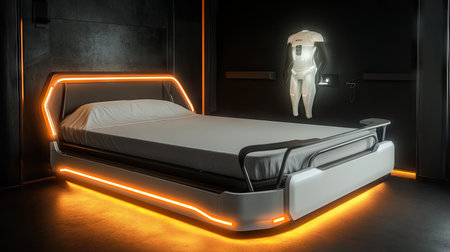 Explore a futuristic smart bedroom showcasing a sleek design with ambient lighting and a unique futuristic suit displayed on the wall. Perfect blend of style and technology.の素材