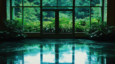 A tranquil interior scene featuring large windows that showcase vibrant greenery outside. The polished floor reflects the natural beauty, creating a serene atmosphere perfect for relaxation and contemplation.の素材