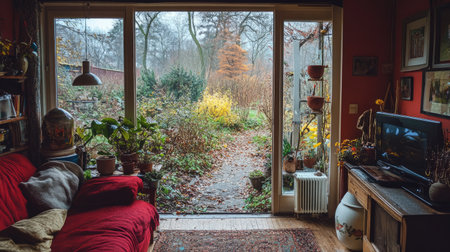A cozy indoor scene featuring a stunning view of an autumn garden filled with vibrant colors, beautifully decorated living space, and warm ambiance.の素材