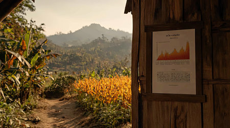 A picturesque view showcasing a mountain backdrop with fields of crops under a warm glow at sunset, featuring a rustic wooden structure and informative signage.の素材