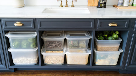This image shows a beautifully organized kitchen storage area featuring clear containers filled with various food items, highlighting functionality and neatness.の素材
