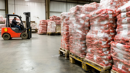 A worker operates a forklift in a spacious warehouse, maneuvering between stacks of red produce on wooden pallets, showcasing efficient logistics and storage management.の素材