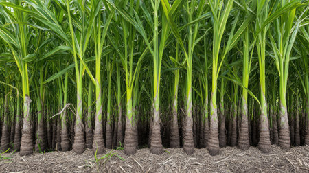 An impressive vertical view of tall green plants with thick stems, creating a captivating display of nature's growth in a fertile agricultural landscape.の素材
