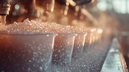 This captivating image showcases clear cups filled with water, displaying vibrant bubbles and condensation. A bright atmosphere enhances the refreshing feel.の素材