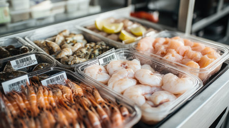 A vibrant seafood market display showcasing various types of fresh seafood including shrimp, oysters, and lobster in clear containers, ideal for culinary use.の素材