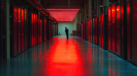 A dramatic scene showcasing a dark corridor in a data center, illuminated by striking red lights and reflecting off the glossy floor, evoking mystery.の素材