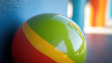 A vibrant beach ball in lively colors rests against a textured wall, creating a cheerful and playful atmosphere ideal for summer activities.の素材