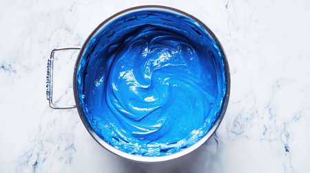 This image captures a vibrant blue paint swirling in a metal bowl against a marble surface, perfect for art projects and creative inspiration.の素材