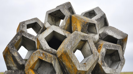 A striking abstract concrete sculpture featuring unique hexagonal shapes with weathered textures. Perfect for art and architecture themes.の素材