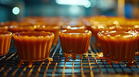 A close-up image showcasing individual caramel pudding cups glowing under soft lighting. The rich caramel sheen combined with a subtle bokeh effect creates an inviting atmosphere perfect for culinary enthusiasts.の素材