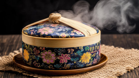 A beautifully crafted decorative steamer adorned with a lotus flower design, releasing steam on a rustic wooden surface, highlighting Asian culinary artistry.の素材