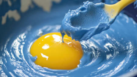 Close-up image showing bright yellow egg yolk sitting in a bowl of vibrant blue paint, creating a striking visual of color and texture blending together.の素材