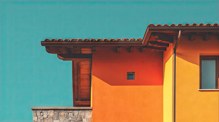 A striking orange house exterior contrasted against a vibrant blue sky, showcasing unique architectural lines and warm sunlight, perfect for modern design themes.の素材